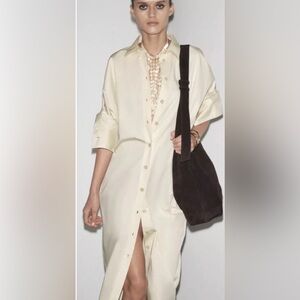 New Zara eggshell front button thick cotton Maxi Dress L/ XL